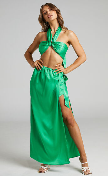 Mayju Two Piece Satin Look Bandeau and Skirt Set in Green