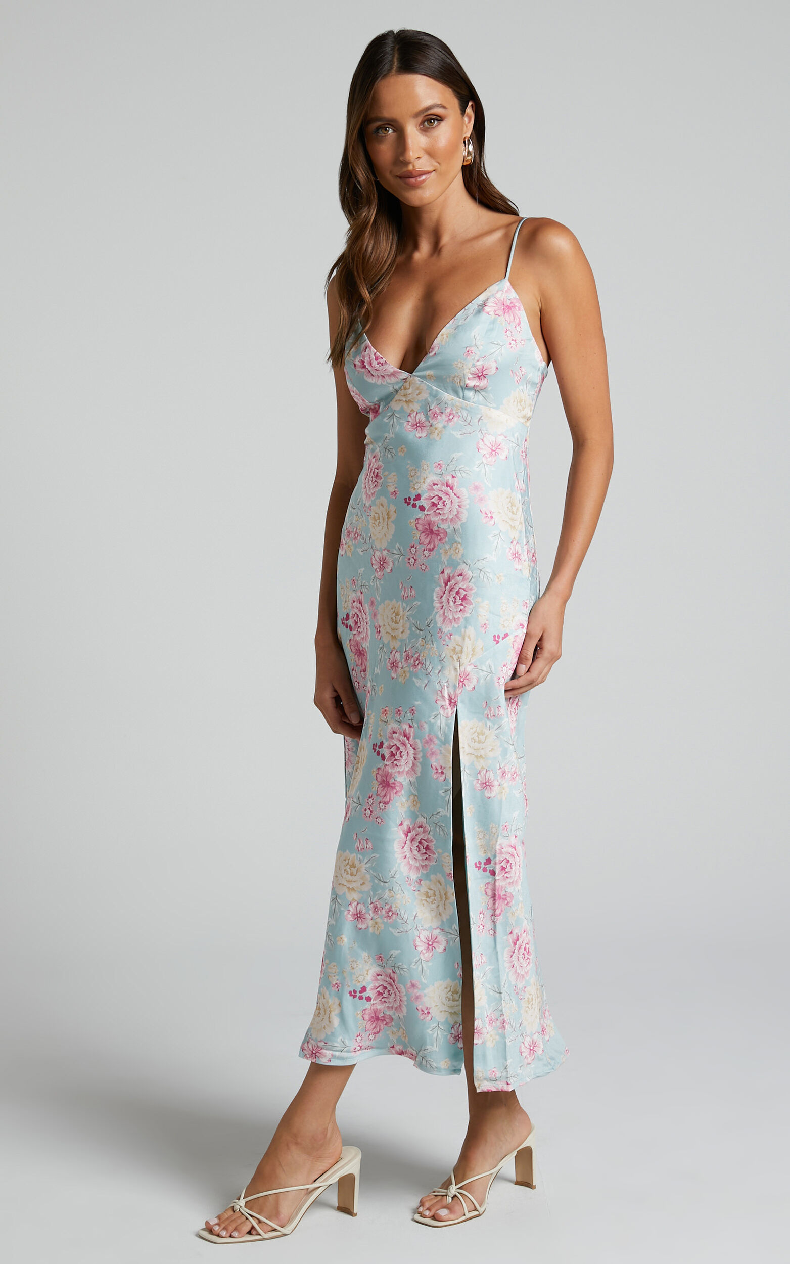 Jarrah Midi Dress - V Neck Thigh Split Slip Dress in Blue Grace Floral ...