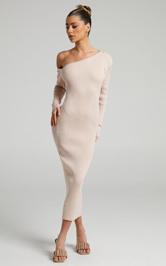 Mylane Off Shoulder Long Sleeve Knit Midi Dress in Cream