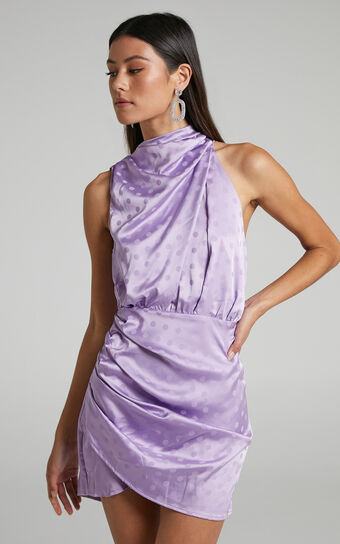 Rammey High Neck Draped Mini Dress in Lilac