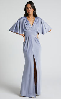 Gemalyn Midaxi Dress - Angel Sleeve V Neck Split Dress in Sky Blue
