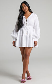 Mindii Cotton Button Front Balloon Sleeve Tiered Mini Dress in White