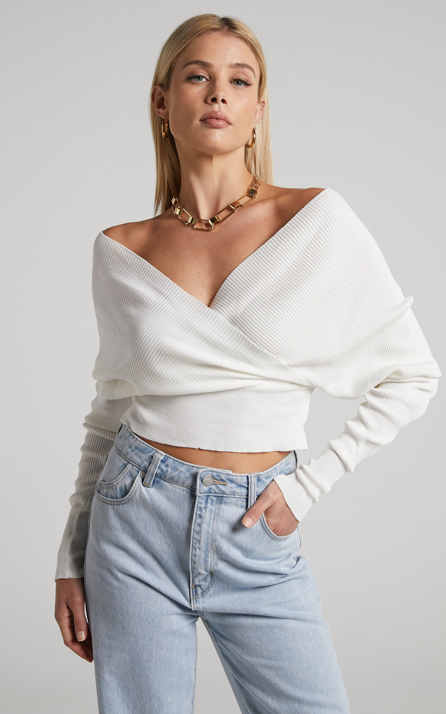 Petra Top - Long Sleeve Wrap Ribbed Knit Top in White - L, WHT1