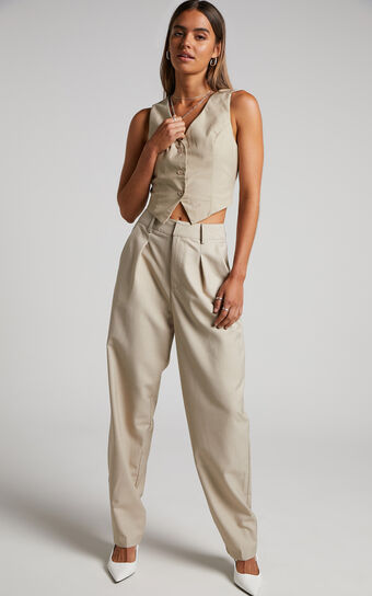 Patsy Trousers - Mid Waisted Pleat Front Tailored Trousers in Stone