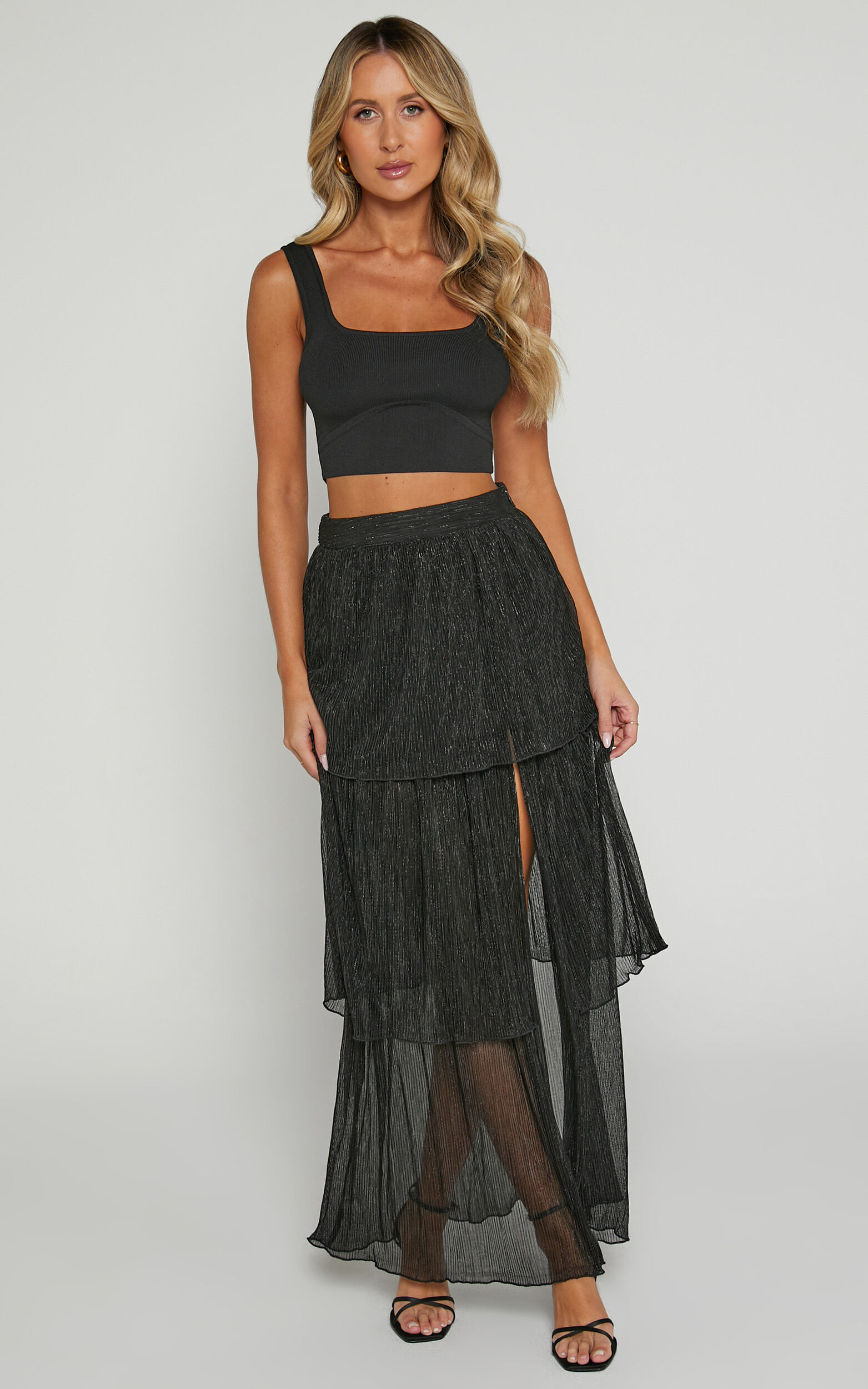 Daisy Midaxi Skirt - High Waisted Thigh Split Skirt in Black - 06, BLK1