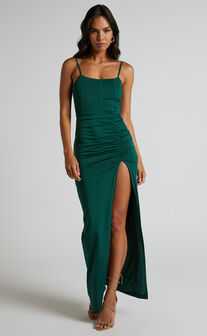 Trinah Midi Dress - Corset Thigh Split Dress in Emerald