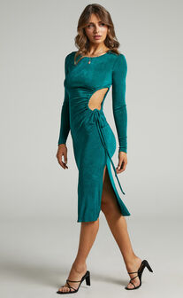 Johara Long Sleeve Side Cut Out Dress in Emerald
