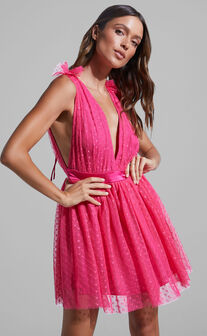 Mariabella Mini Dress - Tulle Plunge Dress in Hot Pink