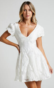 Brailey Jacquard Mini Dress - Puff Sleeve Dress in White