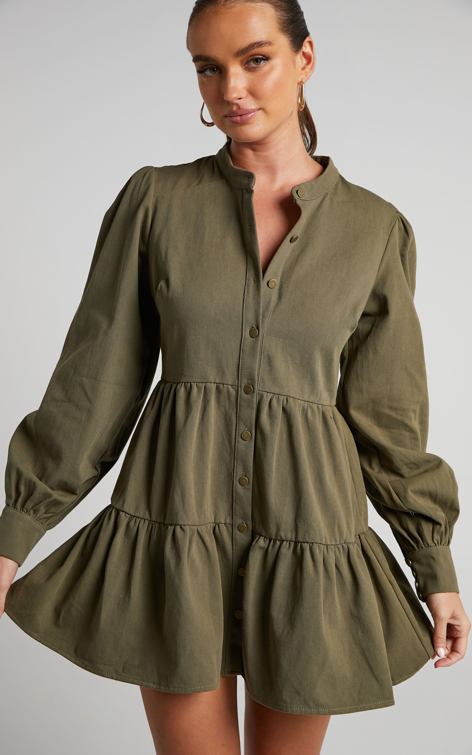 Alesana Mini Dress - Long Sleeve Button Through Tiered Shirt Smock Dress in Khaki - 06, GRN1, super-hi-res image number null