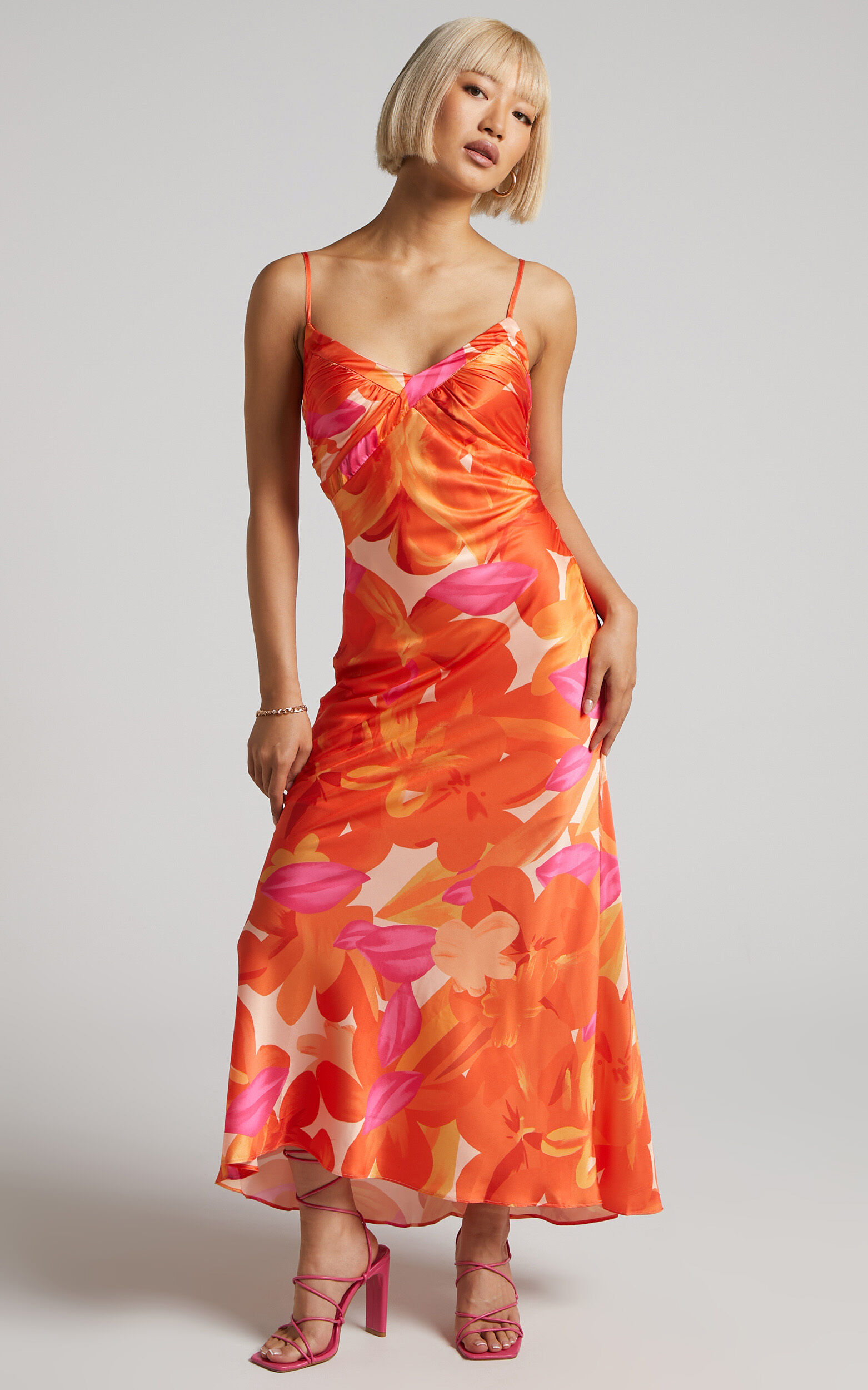 Erica Maxi Dress - V Neck Satin Slip Dress in Blood Orange Floral - 06, ORG1, super-hi-res image number null