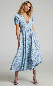 Elenita Short Sleeve Shirred Waist Maxi Dress in Blue Floral