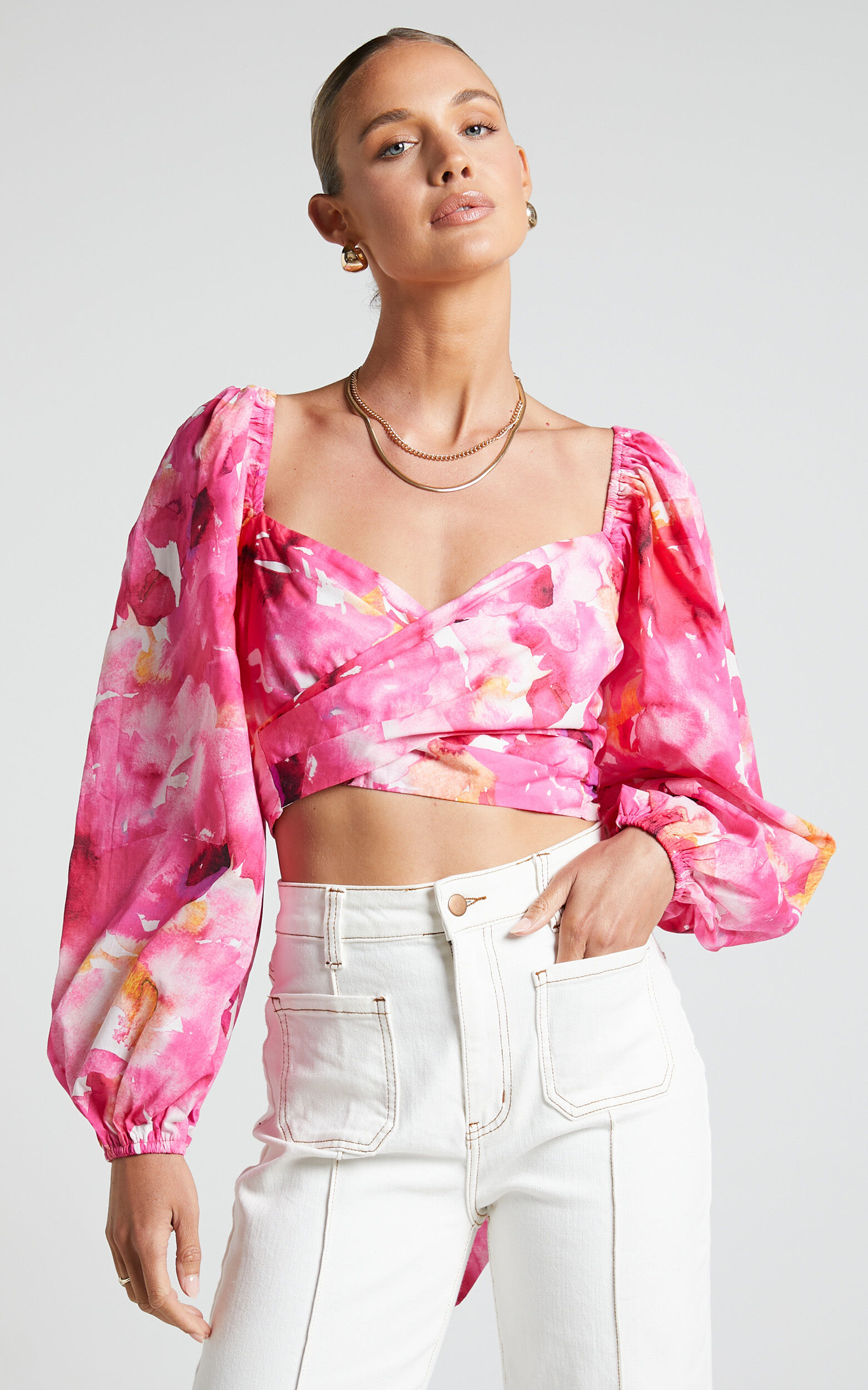 Shairah Top - Long Sleeve Tie Back Wrap Crop Top in Sunset Rainbows - 04, PNK1, super-hi-res image number null