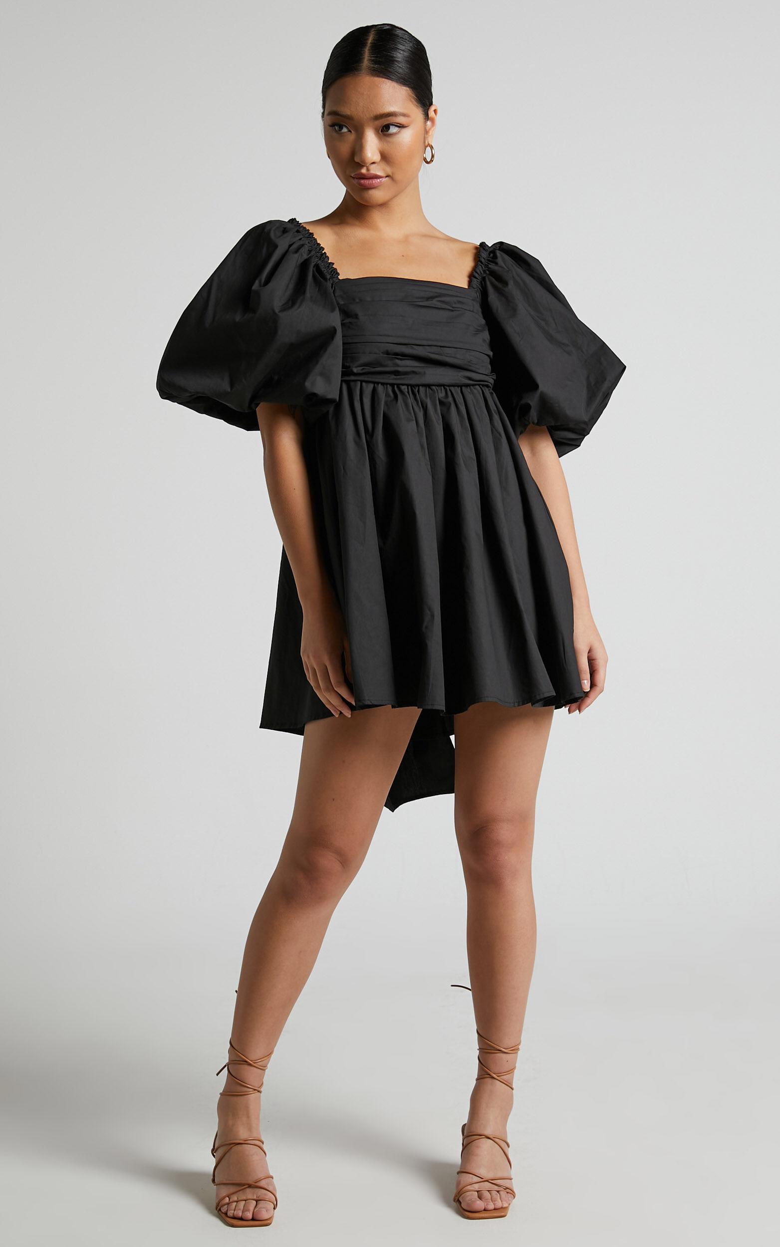 Melony Mini Dress - Cotton Poplin Puff Sleeve Dress in Black | Showpo USA