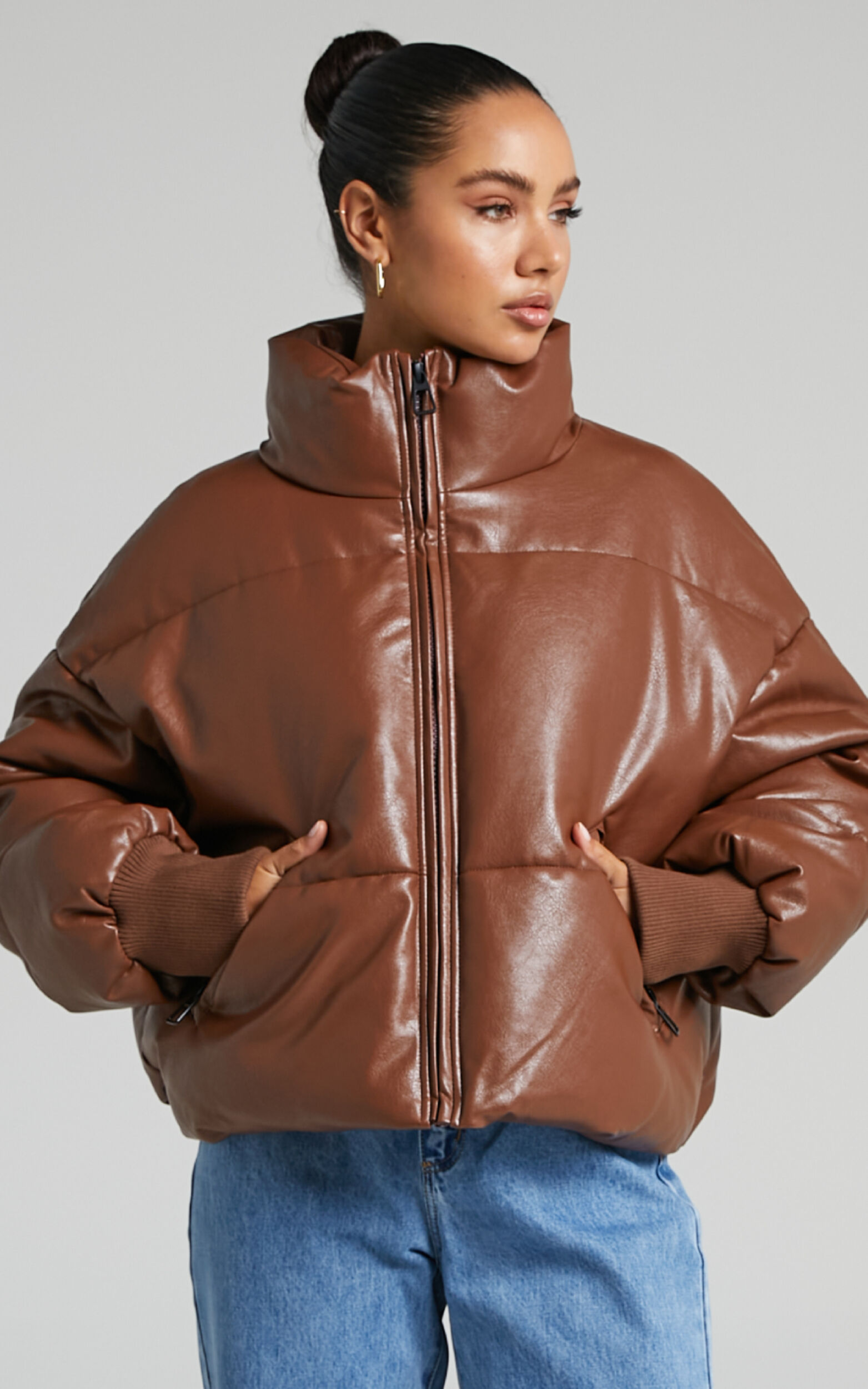 Lilibet Faux Leather Puffer Jacket in Chocolate - L, BRN1, super-hi-res image number null