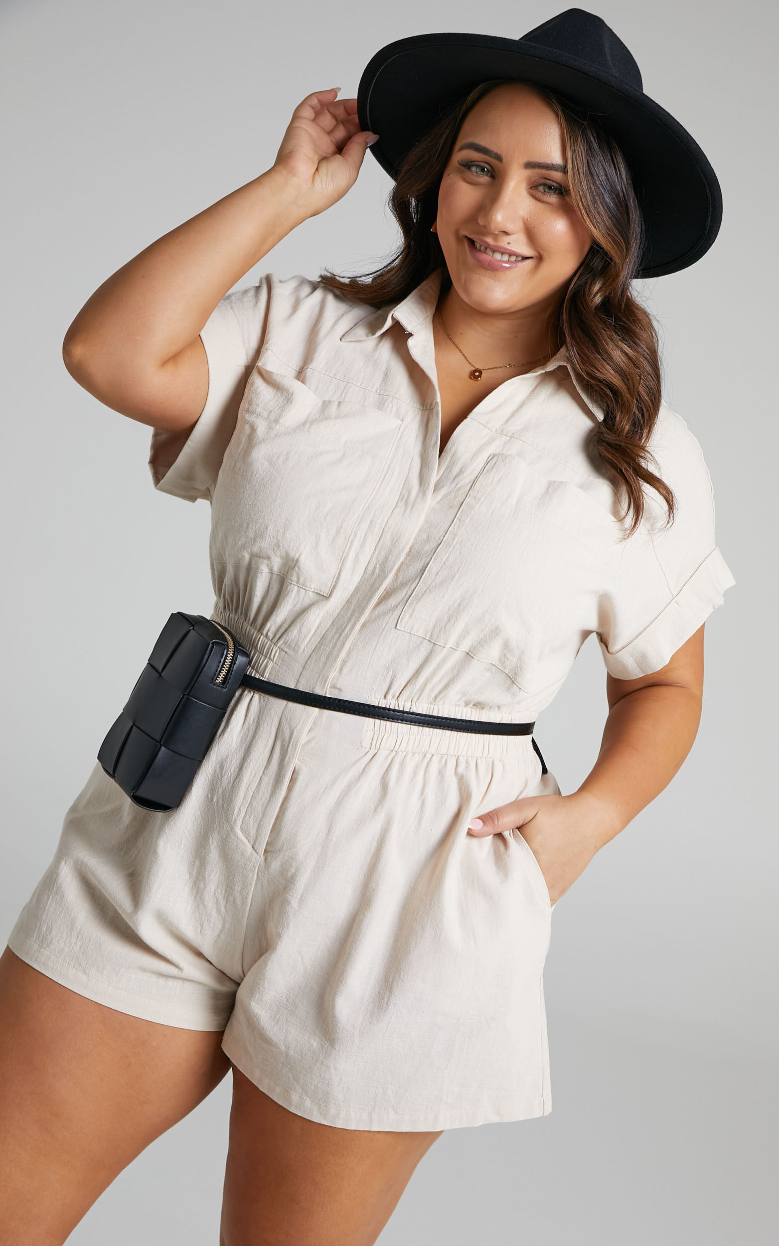 Daralyn Collared Button Down Utility Playsuit in Sand - 04, BRN2, super-hi-res image number null