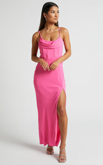 Blair Midaxi Dress - Corset Detail Thigh Split Dress in Pink
