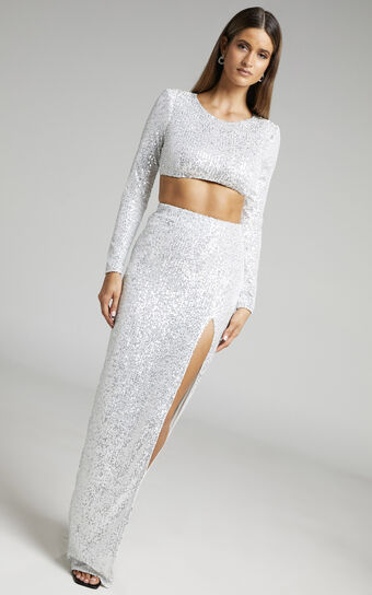 Eliska Sequin Crop Top and High Slit Maxi Skirt Two Piece Set in Silver