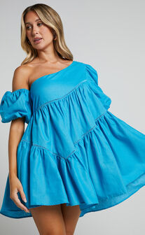 Harleen Mini Dress - Asymmetrical Trim Puff Sleeve Dress in Blue