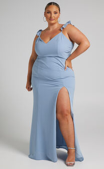More Than This Midaxi Dress - Ruffle Strap Thigh Split Dress in Light Blue