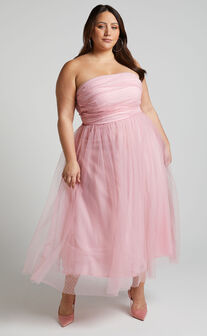 Jesslou Midaxi Dress - Strapless Ruched Bodice Tulle Dress in Pale Pink