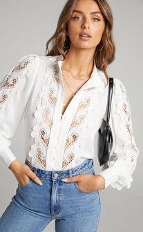 Belissa Lace Trim High Neck Blouse in White