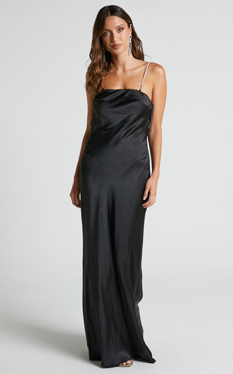Arichie Maxi Dress - Cowl Back Diamante Strap Satin Dress in Black