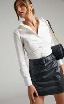 Cleone Ruched Front Button Up Shirt in White