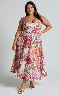 Robertson Midi Dress - Strappy Sweetheart Bustier Flare Dress in Spring Floral