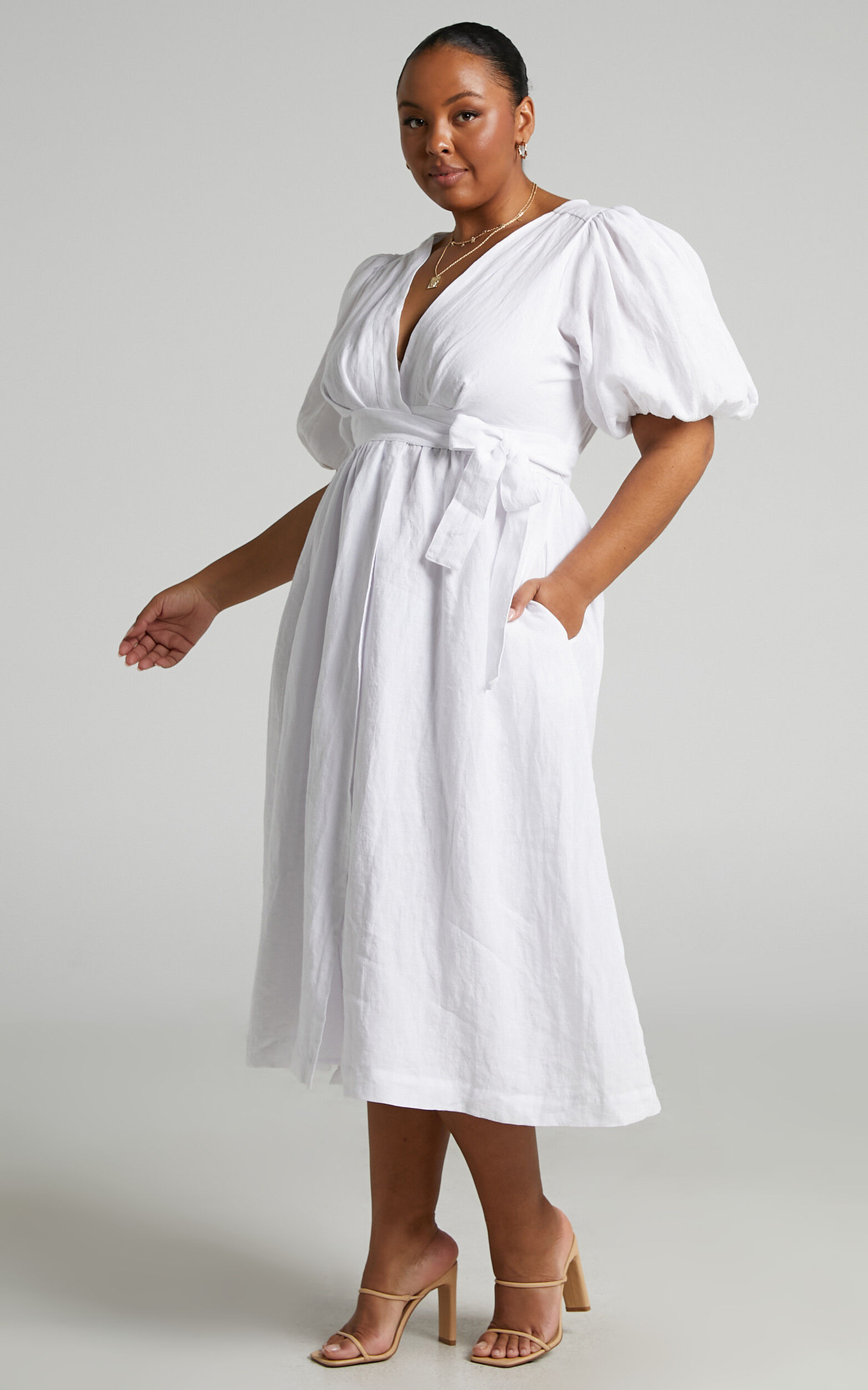 Amalie The Label - Franc Linen Puff Sleeve Wrap Midi Dress in White ...