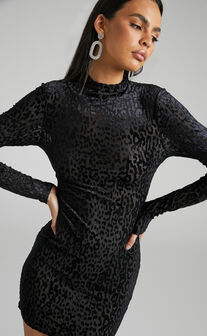 Hiruni High Neck Long Sleeve Bodycon Velvet Mini Dress in Black burnout