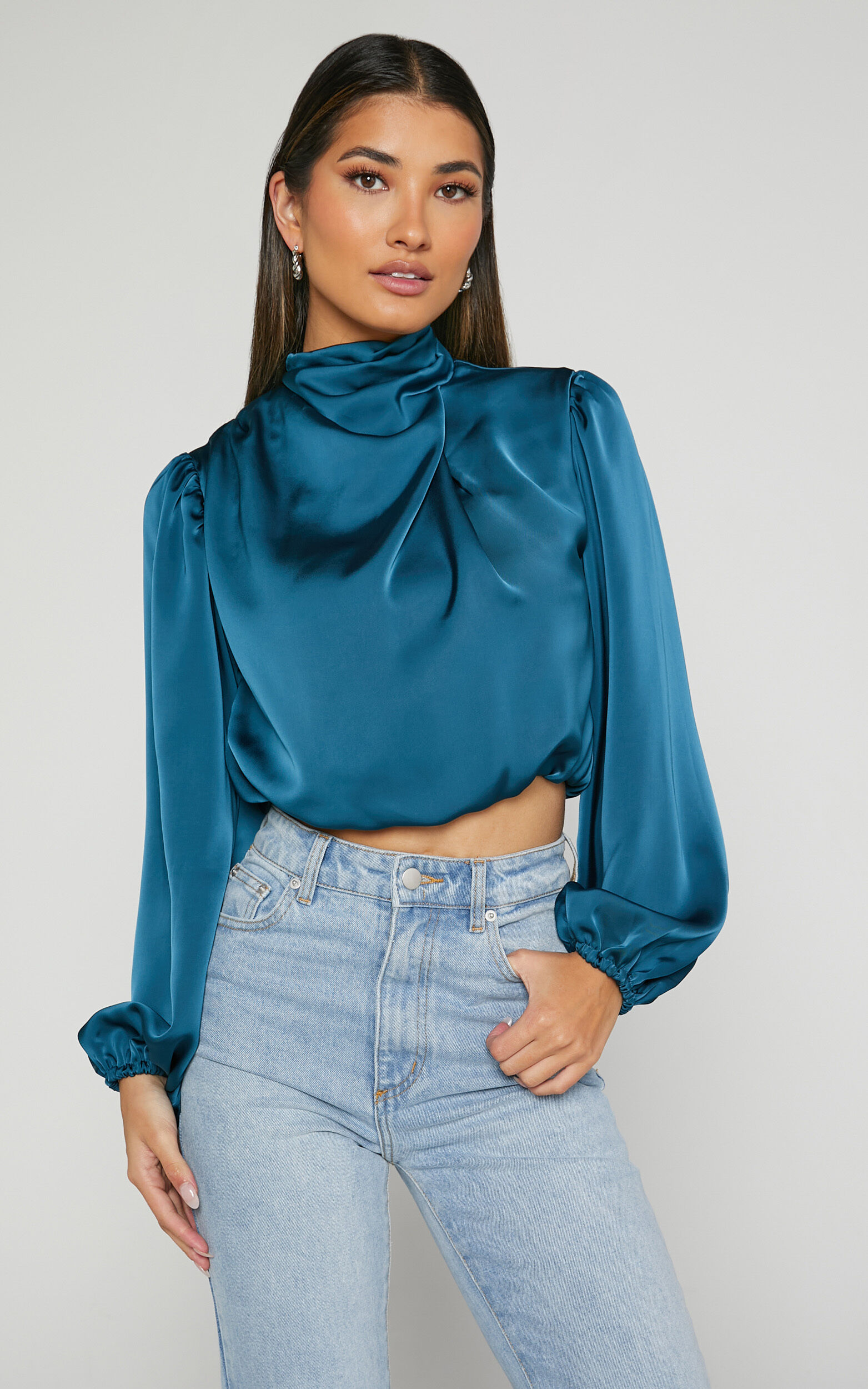Lila Top - High Neck Draped Satin Long Sleeve Blouse in Teal - 06, GRN1