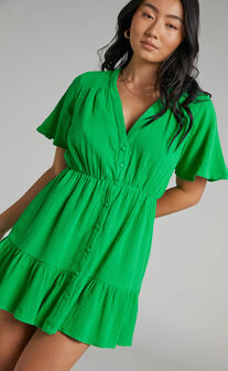 Isabella Button Up Flutter Sleeves Mini Dress in Green