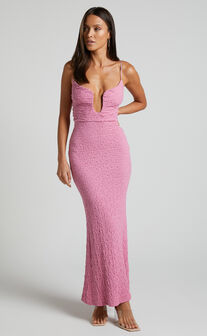 Charlee Bodycon Sweetheart Cut Out Bust Thin Strap Textured Maxi Dress in Pink