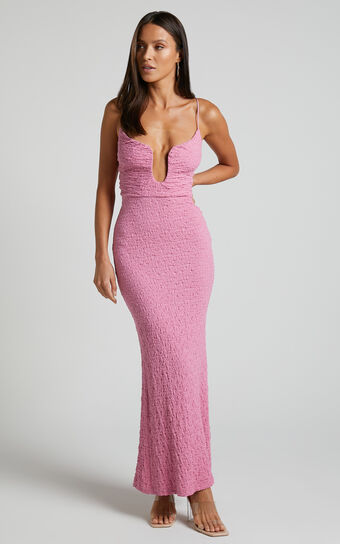 Charlee Midaxi Dress - Bodycon Sweetheart Cut Out Bust Thin Strap Dress in Pink