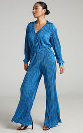 Beca Pants - High Waisted Plisse Flared Pants in Blue | Showpo USA