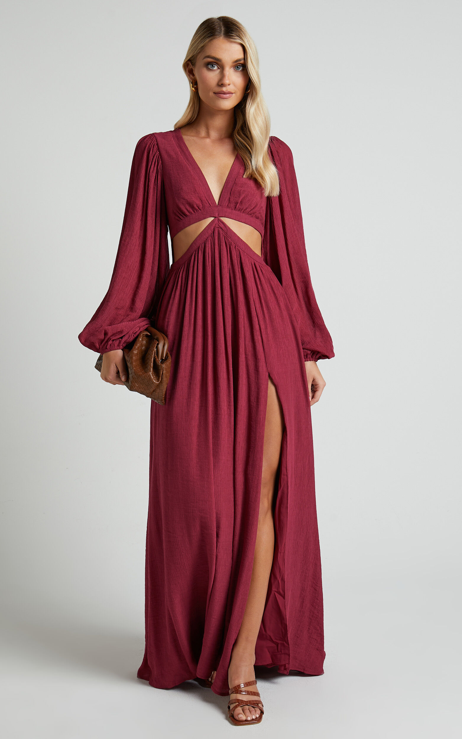 Paige Maxi Dress - Side Cut Out Balloon Sleeve Dress in Mulberry - 04, RED1