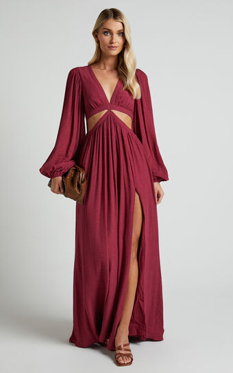 Paige Maxi Dress - Side Cut Out Balloon Sleeve Dress in Mulberry