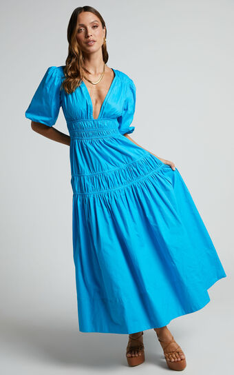 Mellie Midi Dress - Puff Sleeve Plunge Tiered Dress in Blue