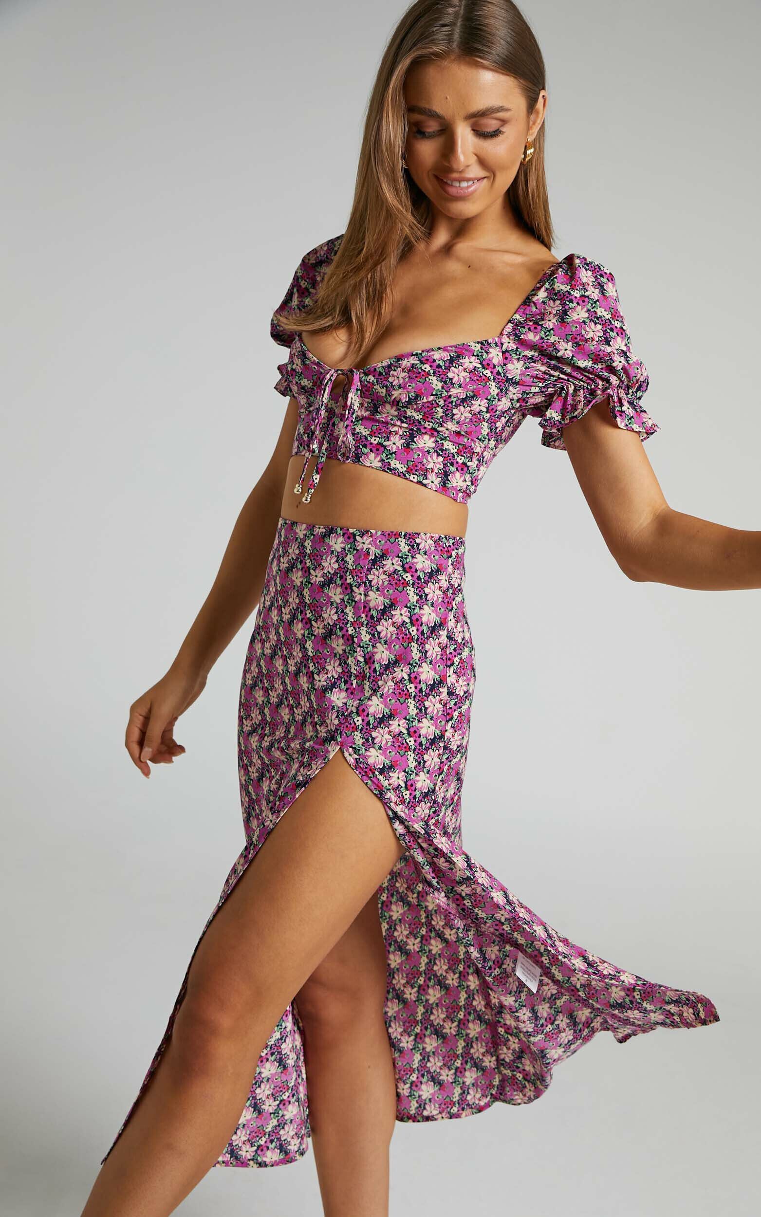 Alleine Puff Sleeve Crop Top and Split Midi Skirt Two Piece Set in Purple Floral - 06, PRP1, super-hi-res image number null