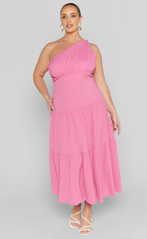 Celestia Midaxi Dress - Tiered One Shoulder Dress in Bright Pink
