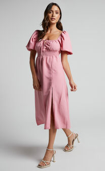 Yanet Shirred Puff Sleeve Midi Dress in Dusty Pink