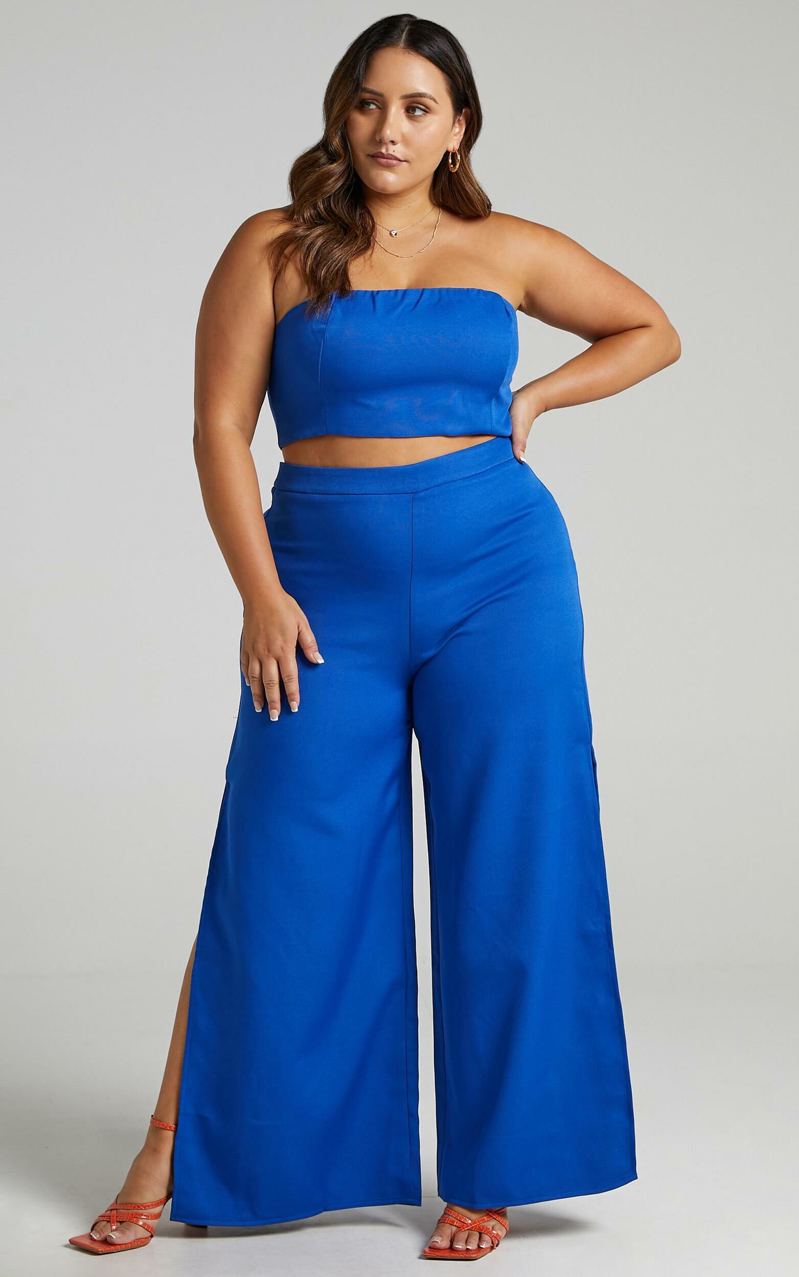 I'm The One Two Piece Set - Strapless Crop Top and Pant Set in Cobalt ...