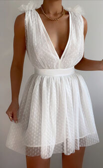 Mariabella Plunge Tulle Mini Dress in White