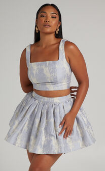 Viviana Crop Top Flare Mini Skirt Two Piece Set in Blue