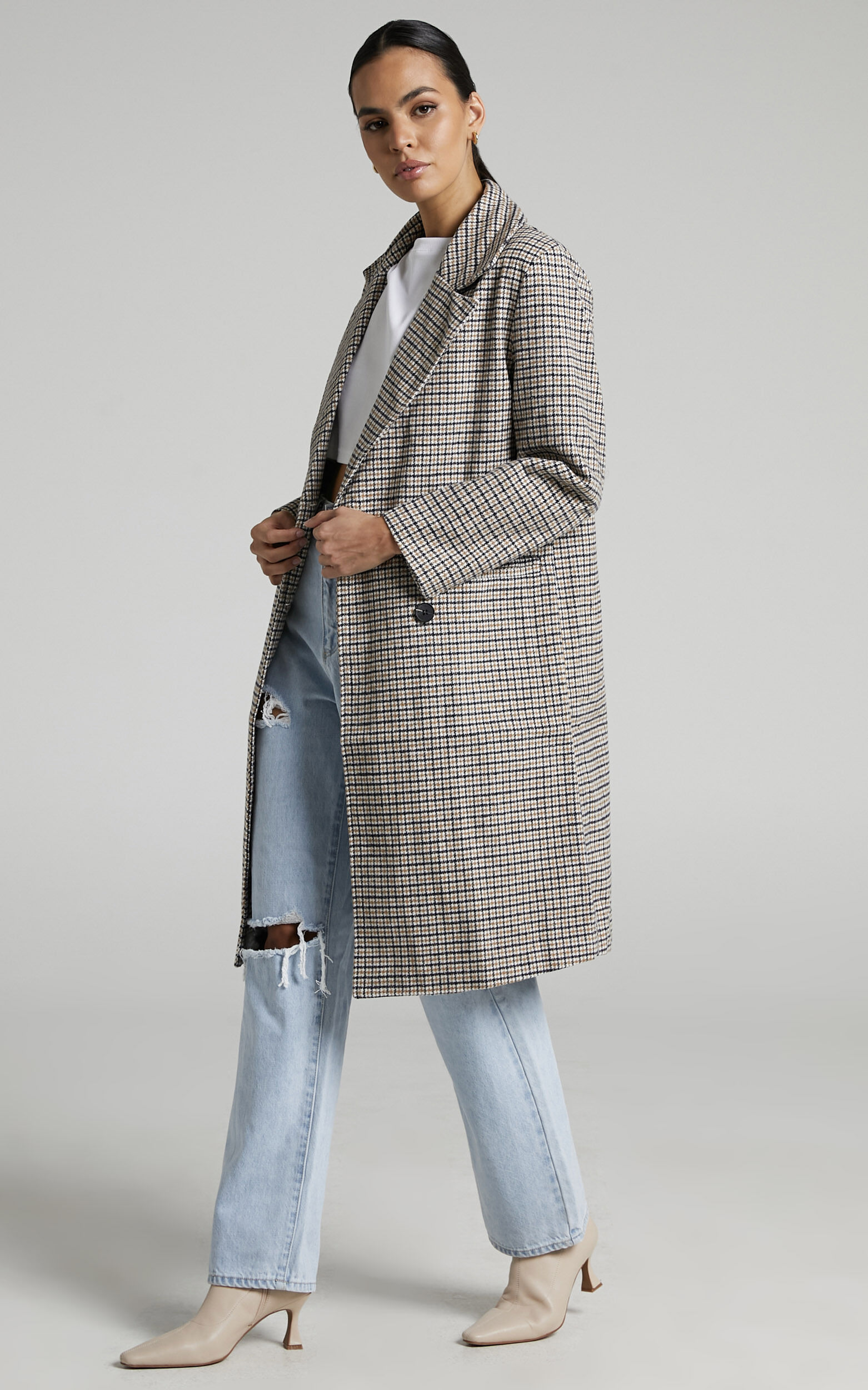 Roisin Double Breasted Coat in Beige Check - L, BLK1, super-hi-res image number null