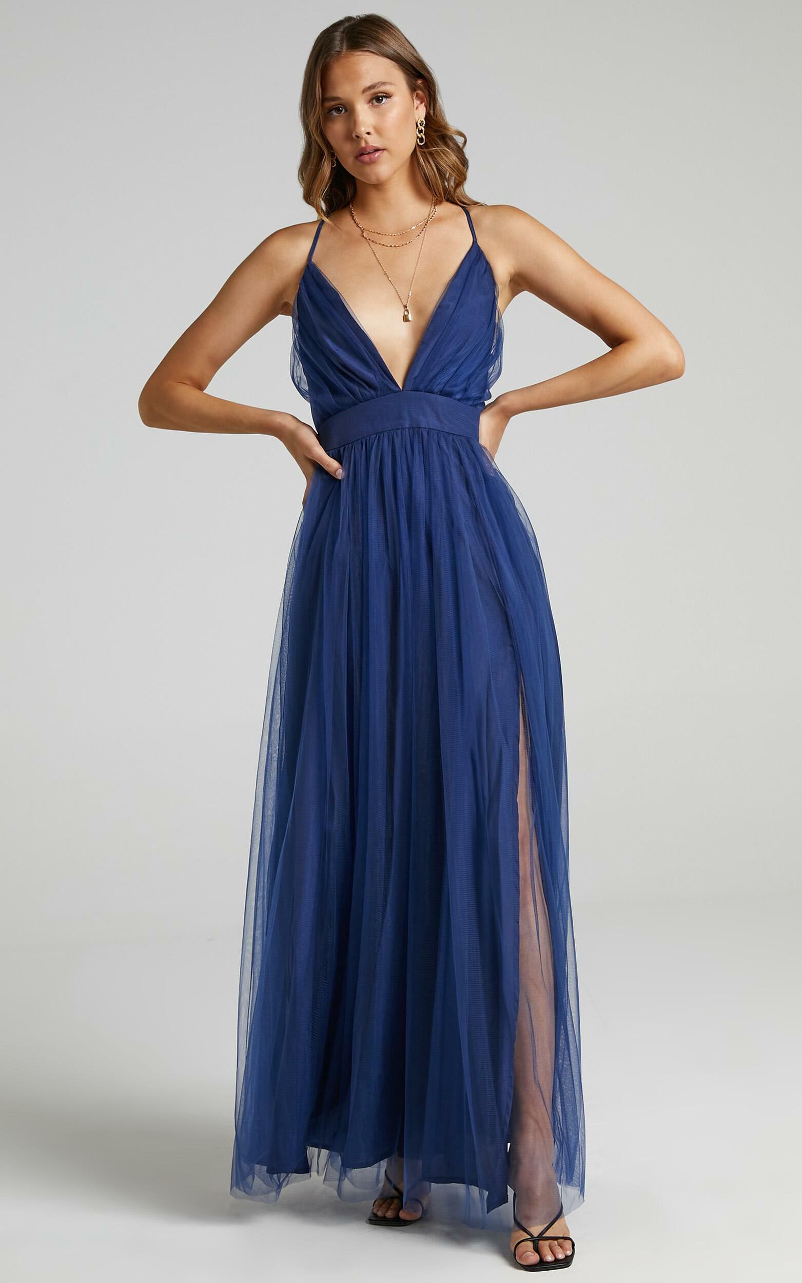 Tell Me Lies Midaxi Dress - Plunge Cross Back Dress in Navy Tulle - 04, NVY3