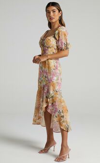 Jasalina Puff Sleeve Midi Dress in Elegant Rose