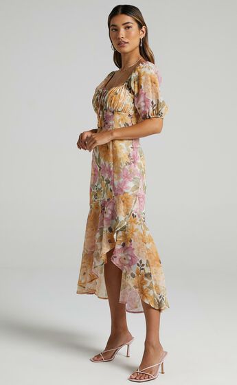 Jasalina Puff Sleeve Midi Dress in Elegant Rose
