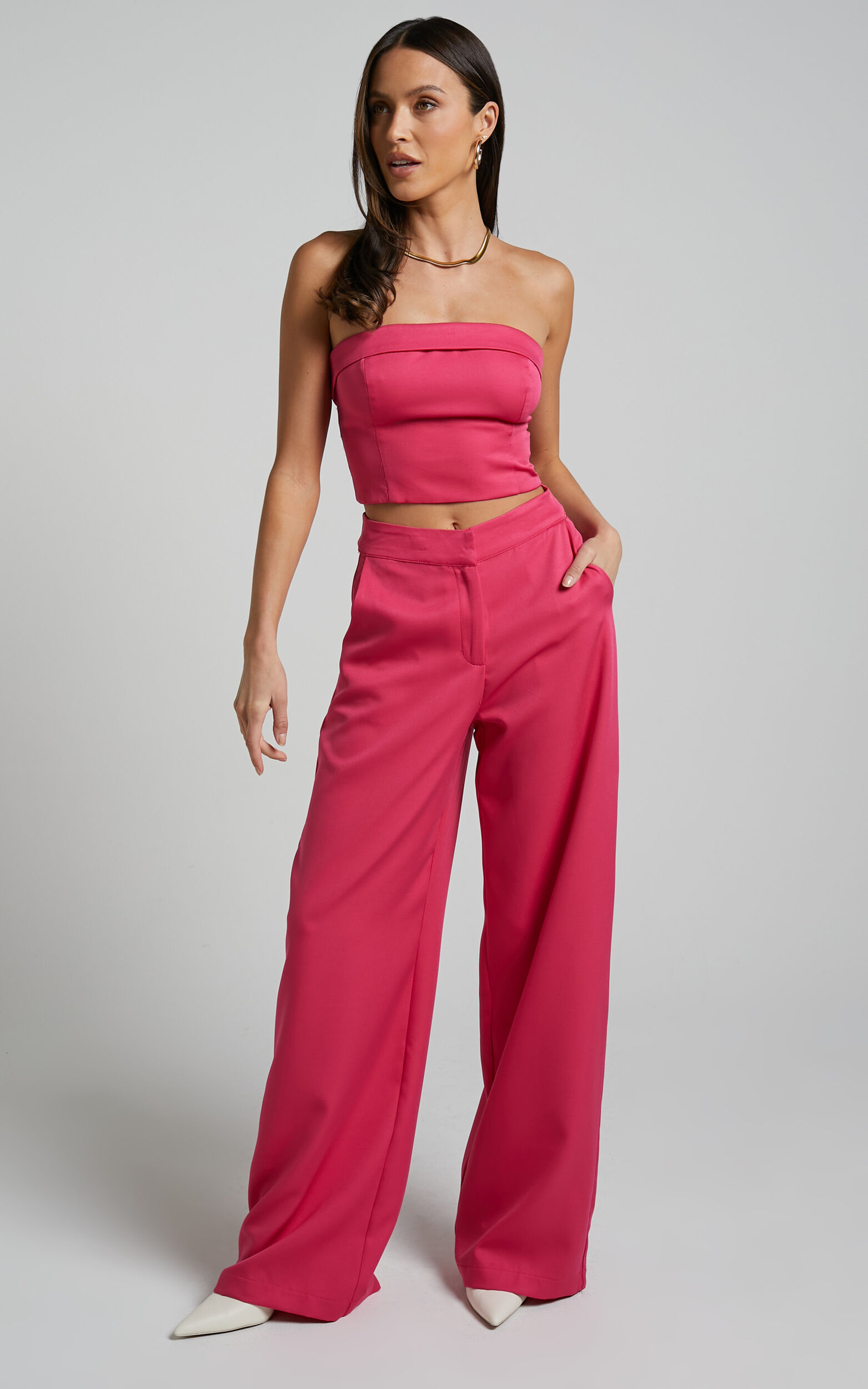 Silvia Two Piece Set - Foldover Top and Wide Leg Pant in Hot Pink - 04, PNK1